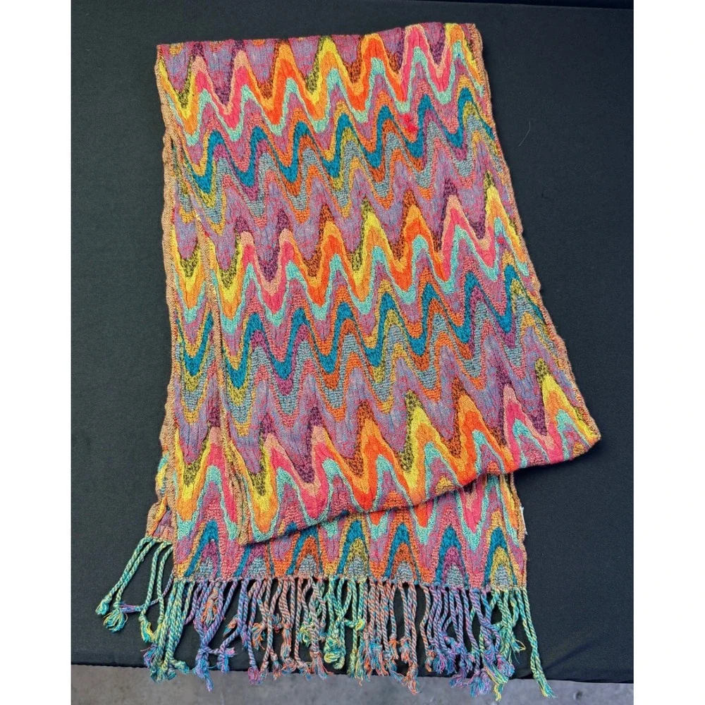 Zig Zag Knit Scarf Rainbow Chevron Multicolor Fringe Long Boho Retro Lightweight